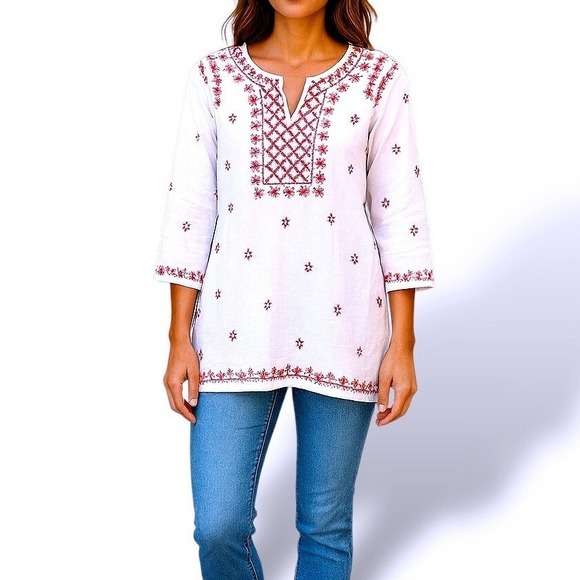 Solitaire Embroidered Tunic Top Long Sleeve Bohemian Hippie Casual White Red S - Picture 1 of 12